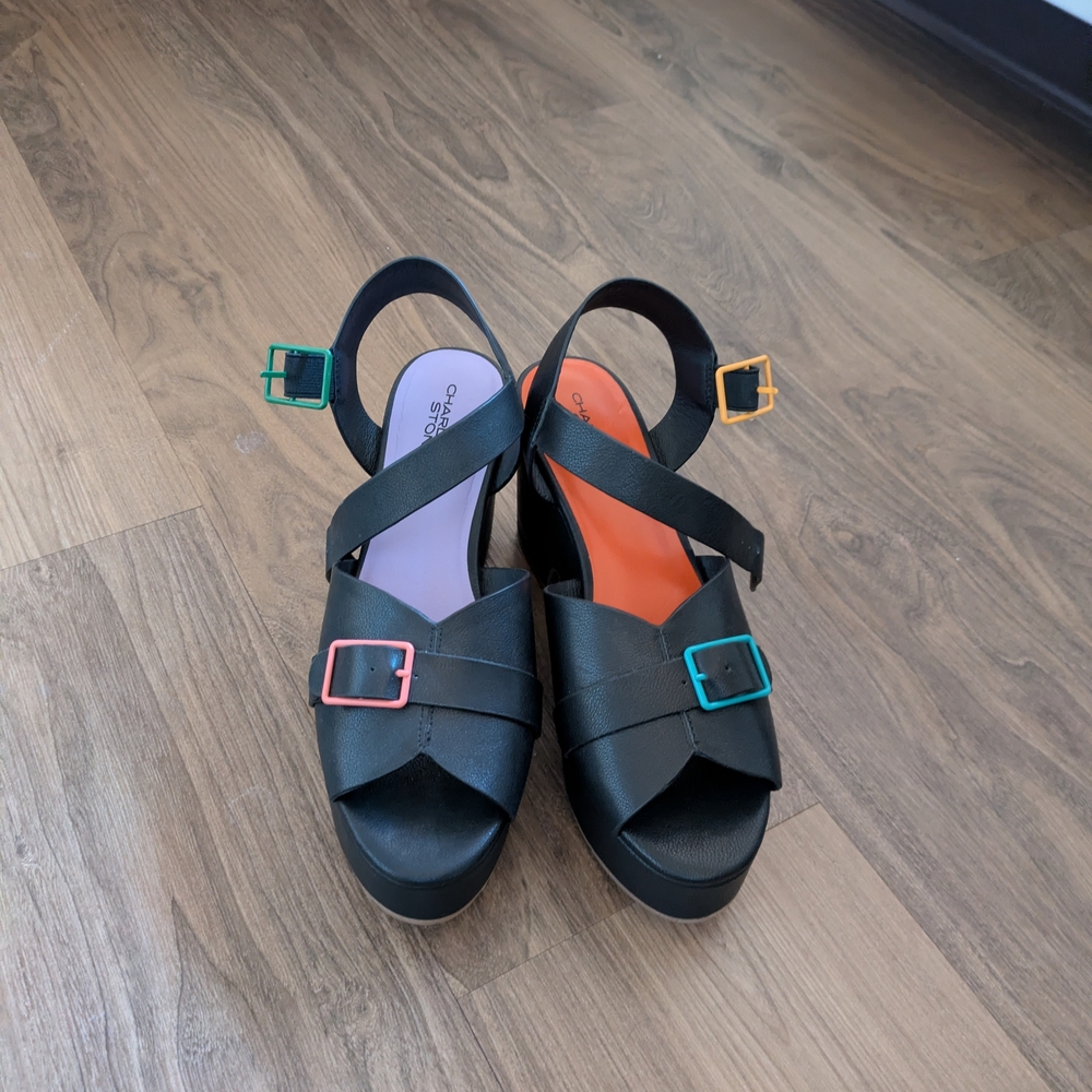 Charlotte Stone Black Sandals with Multicolor Buckles